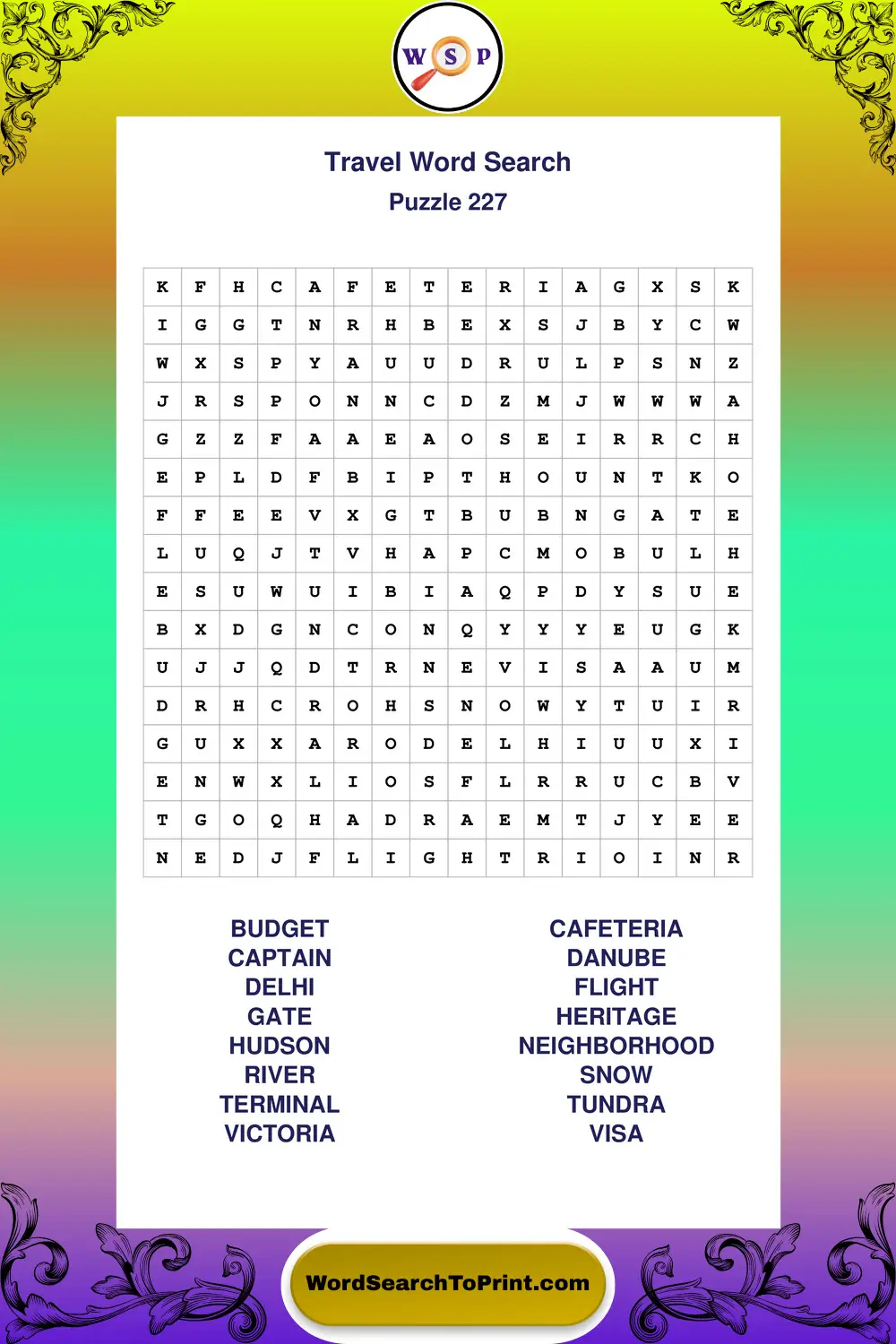 Travel Word Search Puzzle 227