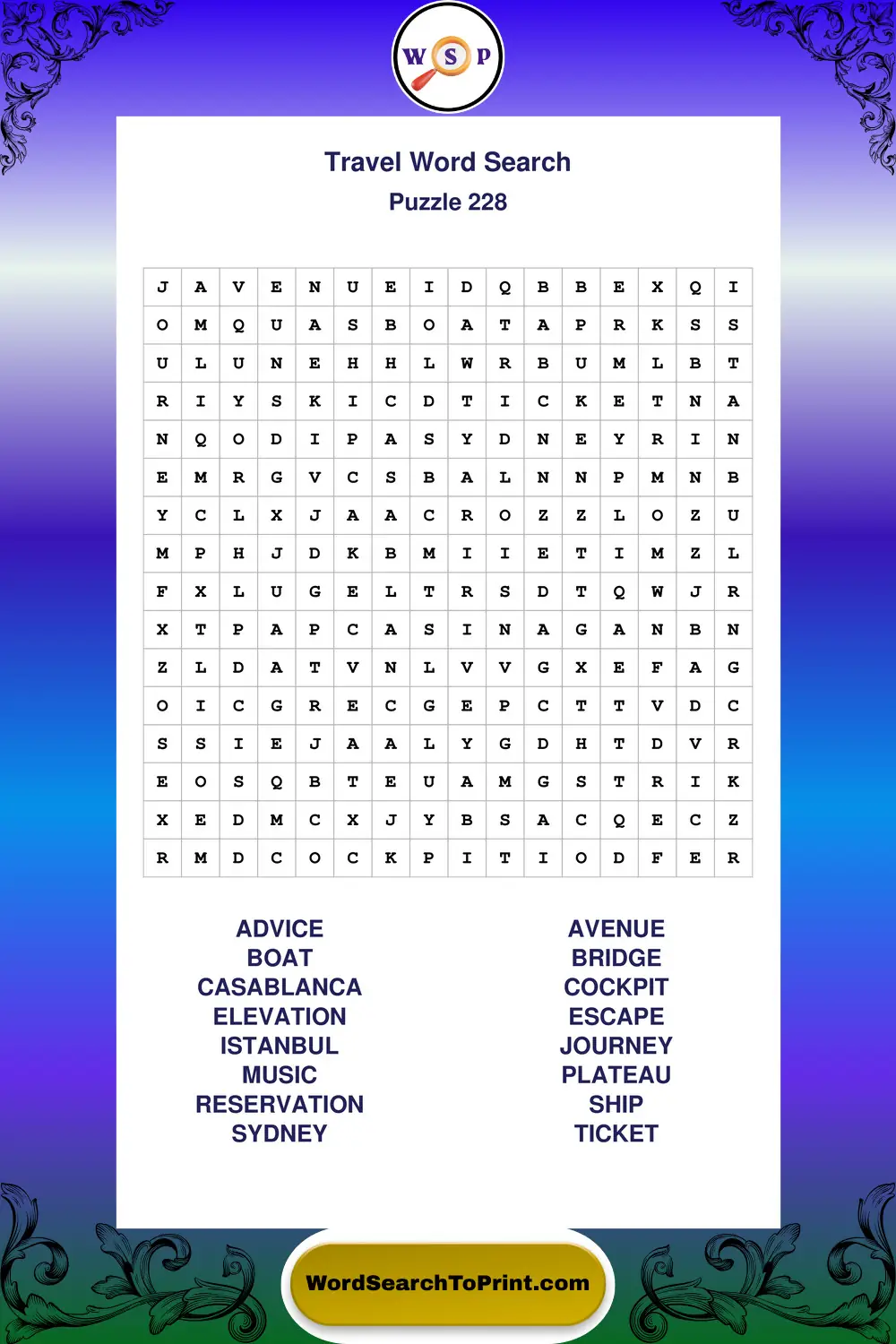 Travel Word Search Puzzle 228