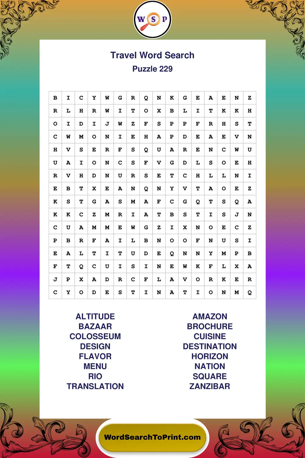 Travel Word Search Puzzle 229