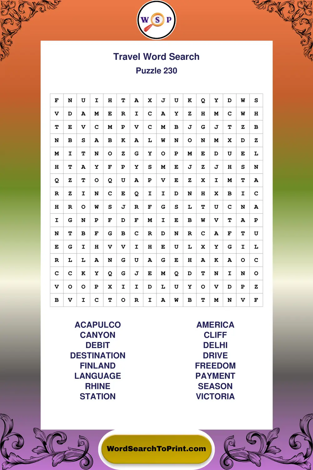Travel Word Search Puzzle 230