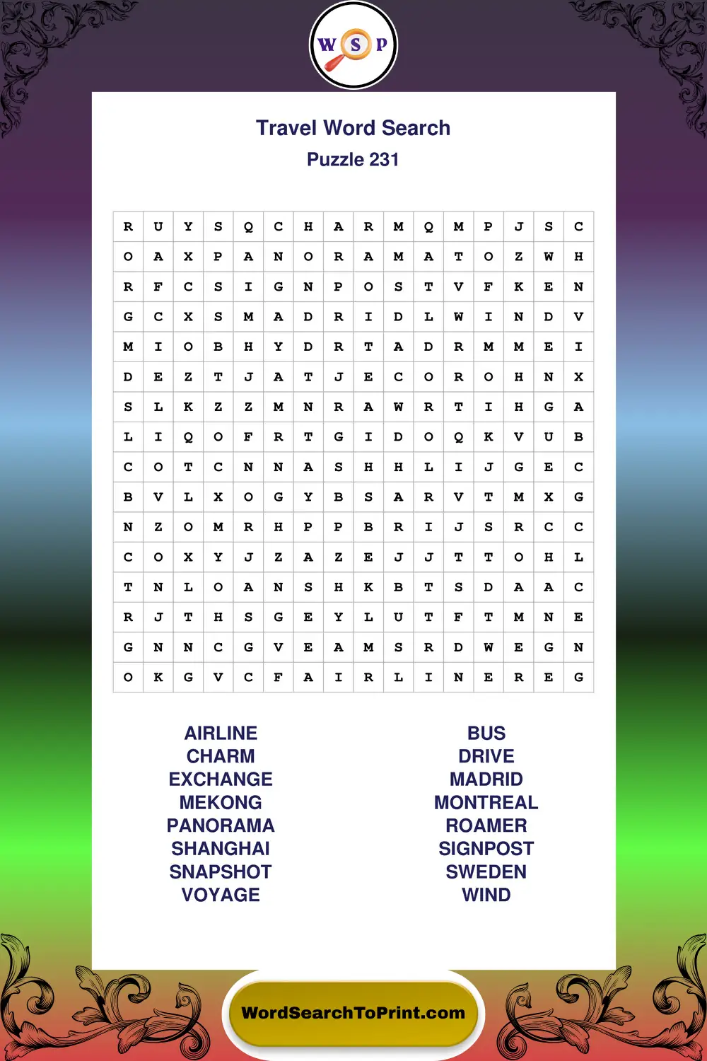 Travel Word Search Puzzle 231