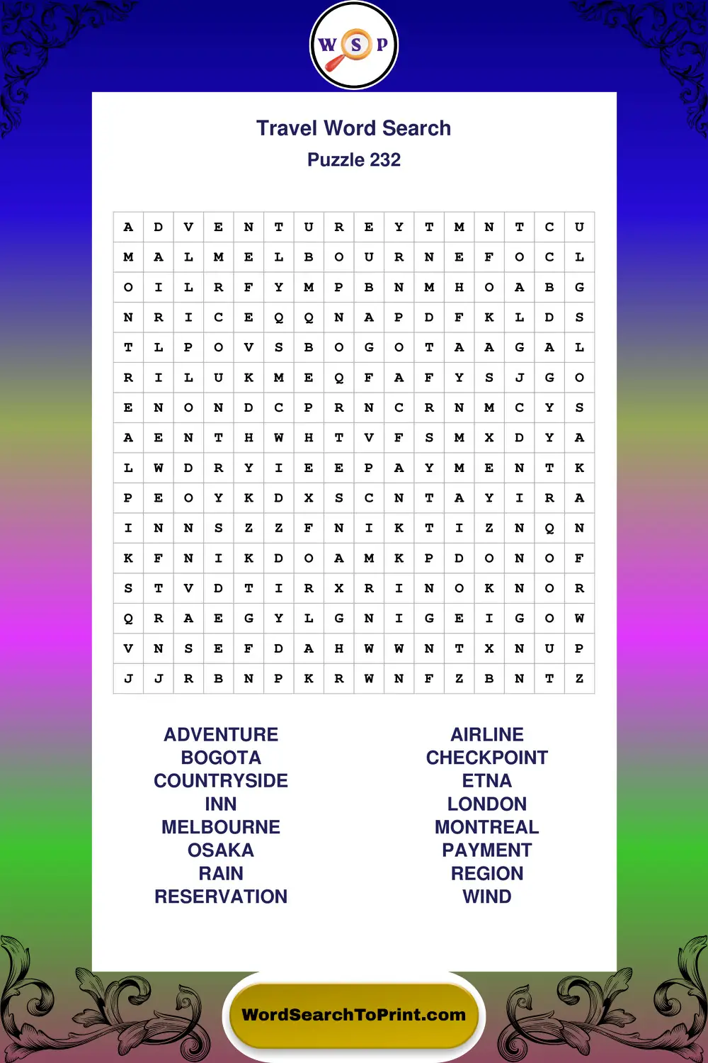 Travel Word Search Puzzle 232