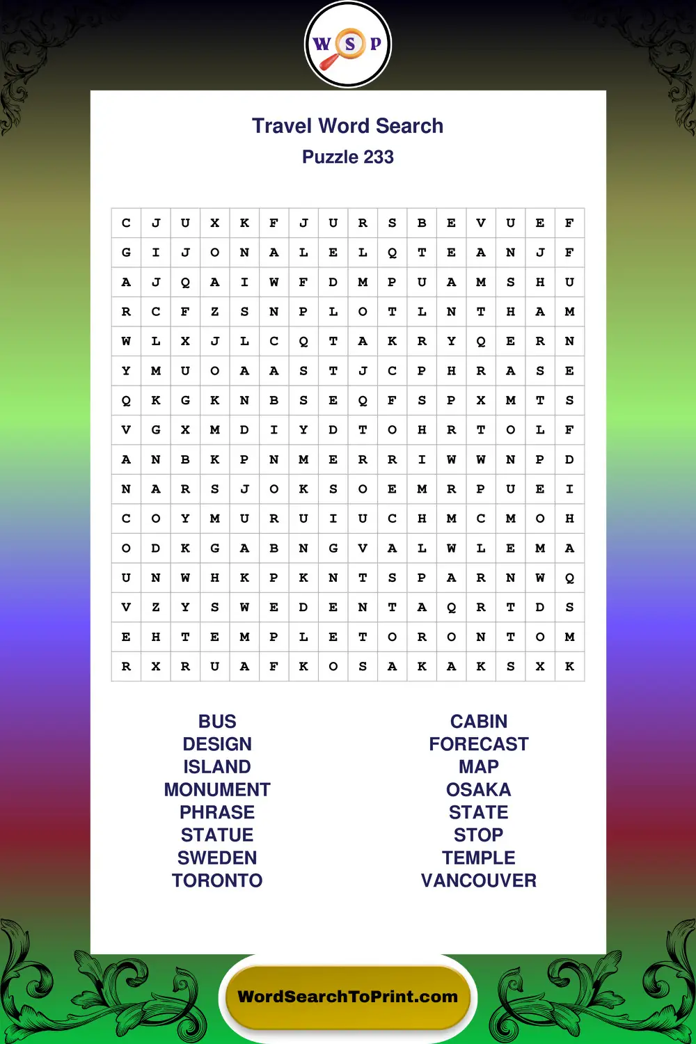Travel Word Search Puzzle 233