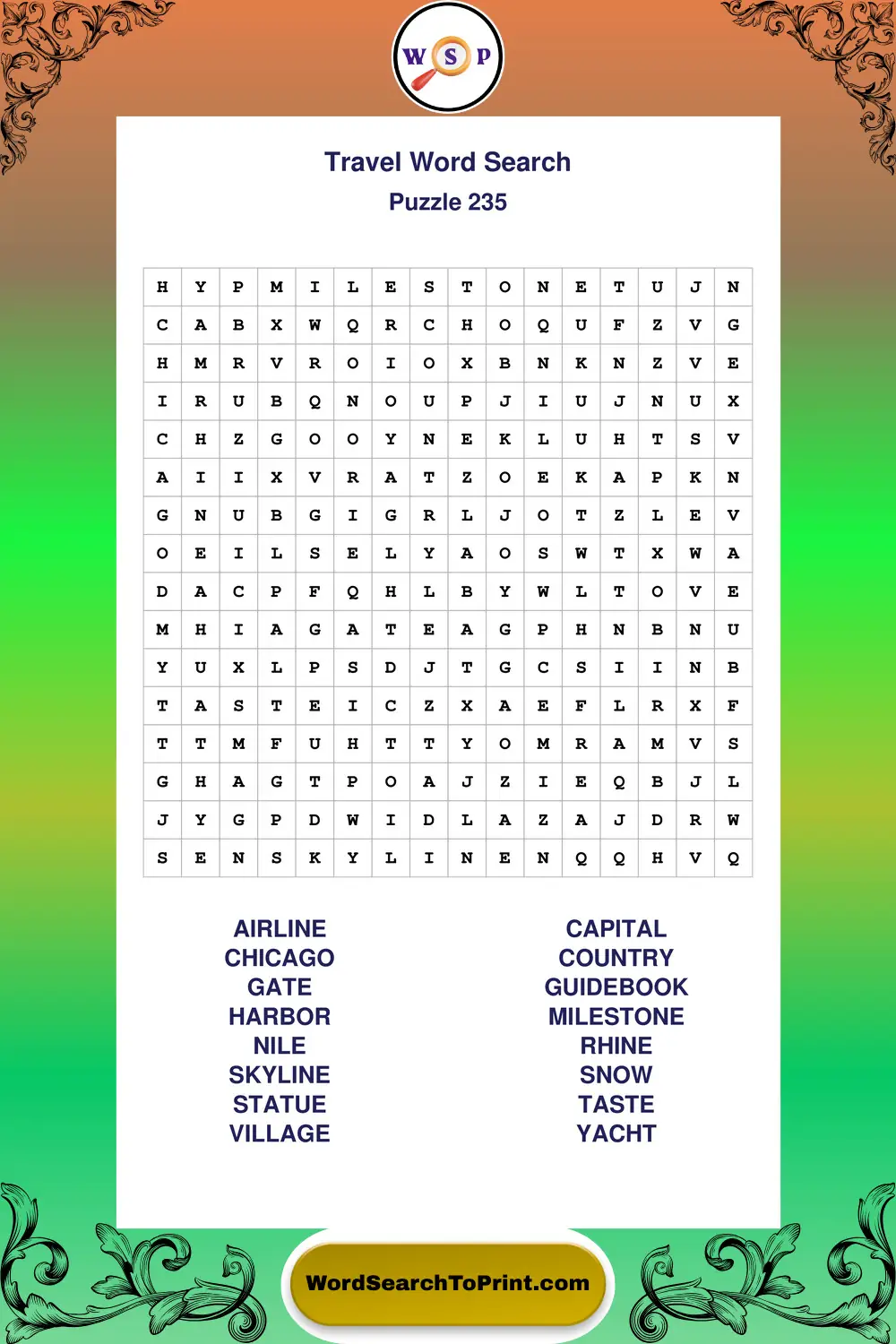 Travel Word Search Puzzle 235