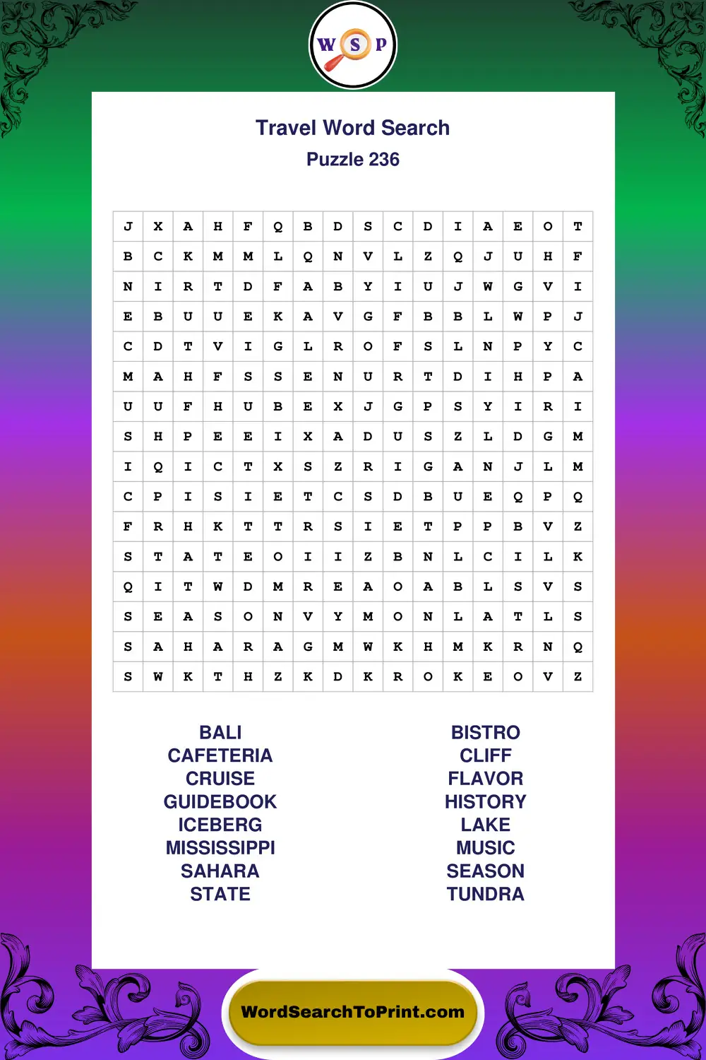Travel Word Search Puzzle 236
