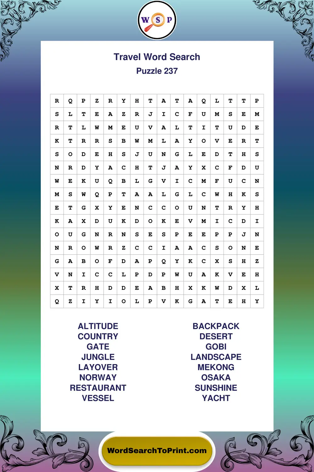 Travel Word Search Puzzle 237