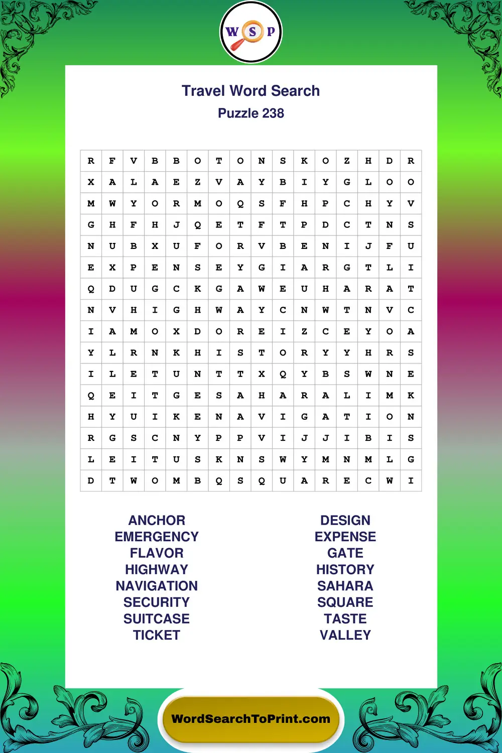 Travel Word Search Puzzle 238