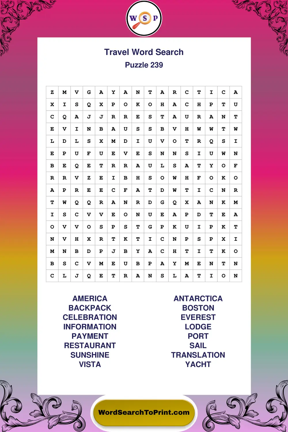 Travel Word Search Puzzle 239