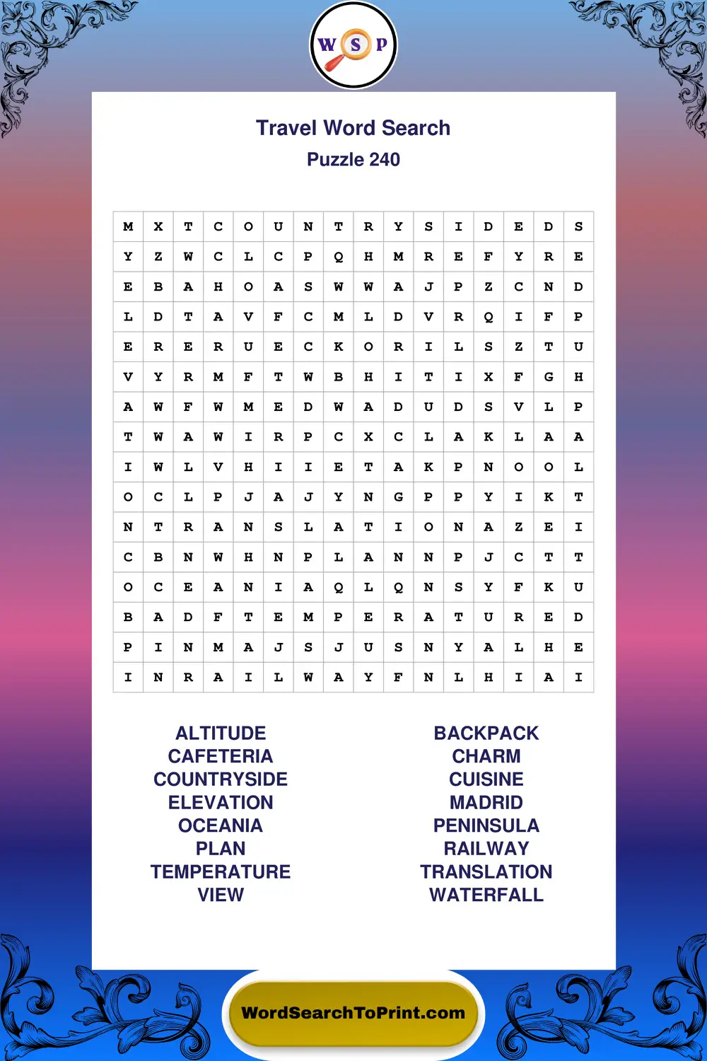 Travel Word Search Puzzle 240