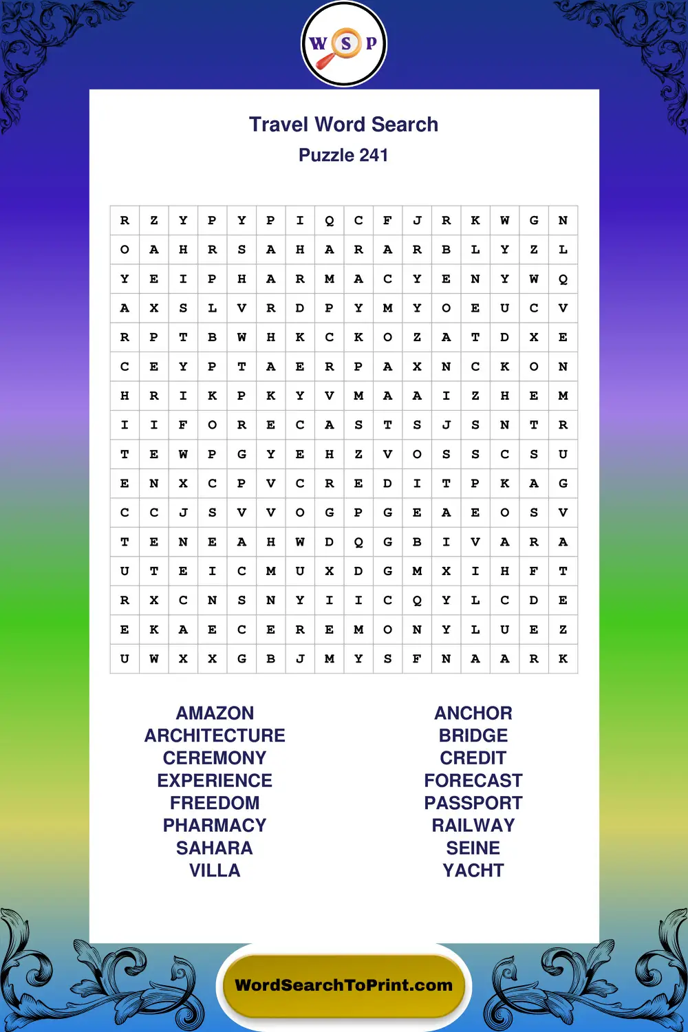 Travel Word Search Puzzle 241