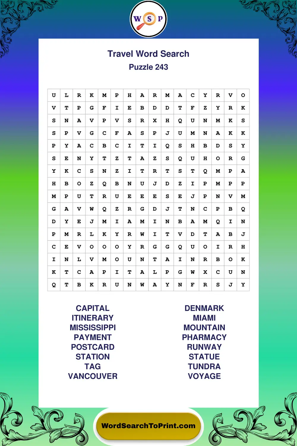 Travel Word Search Puzzle 243