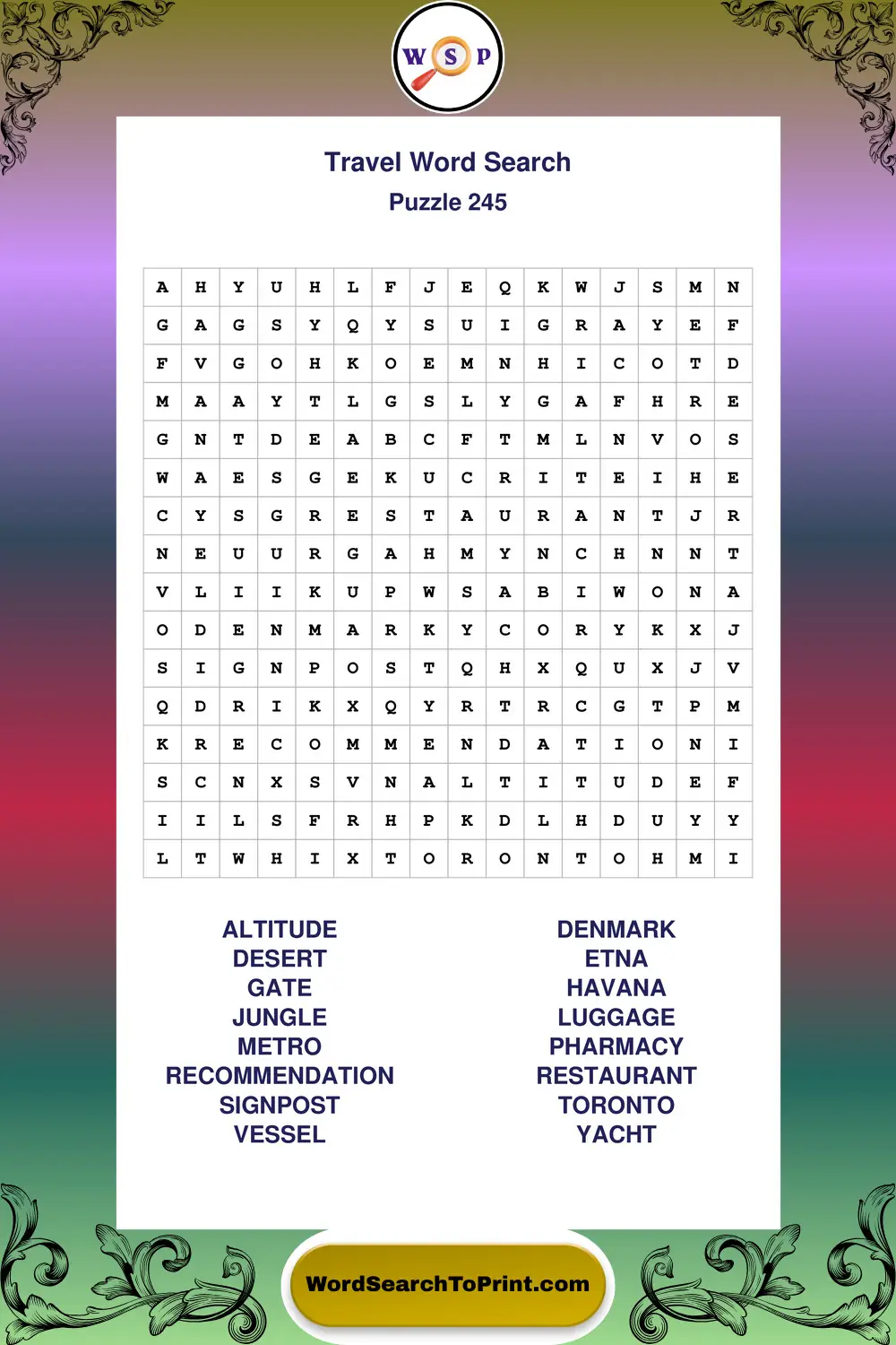 Travel Word Search Puzzle 245