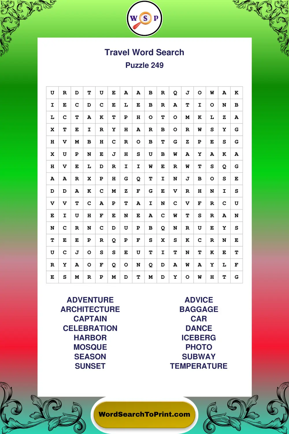 Travel Word Search Puzzle 249