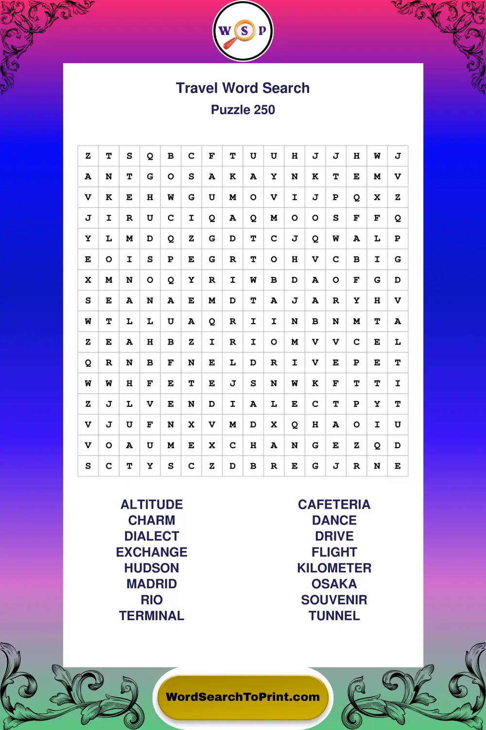 Travel Word Search Puzzle 250