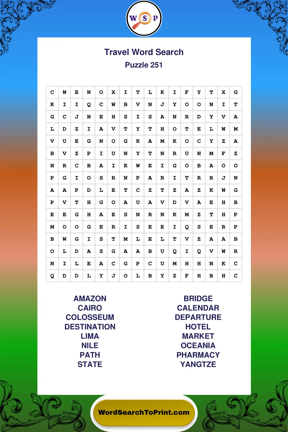 Travel Word Search Puzzle 251