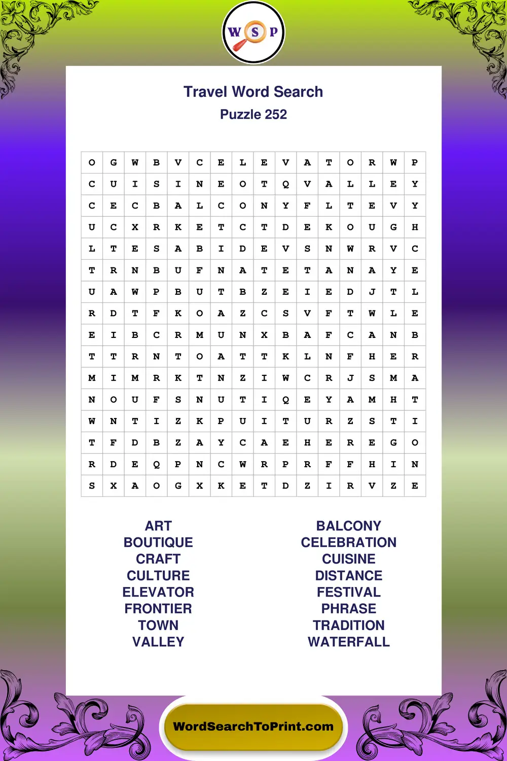 Travel Word Search Puzzle 252