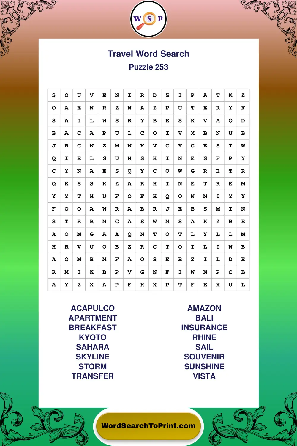Travel Word Search Puzzle 253