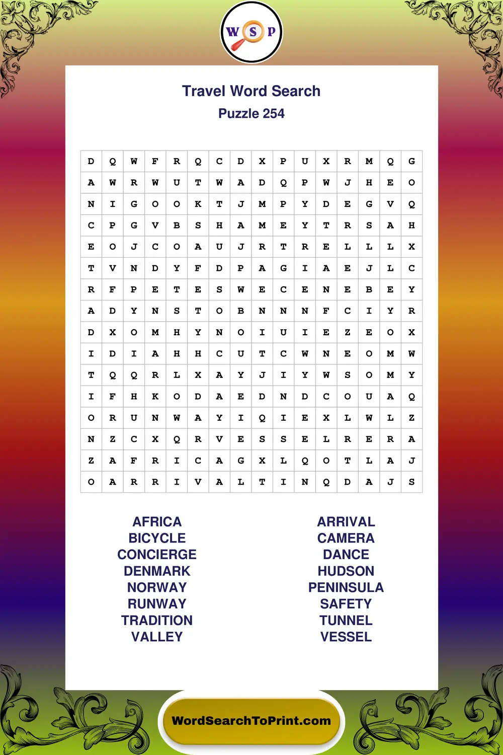 Travel Word Search Puzzle 254