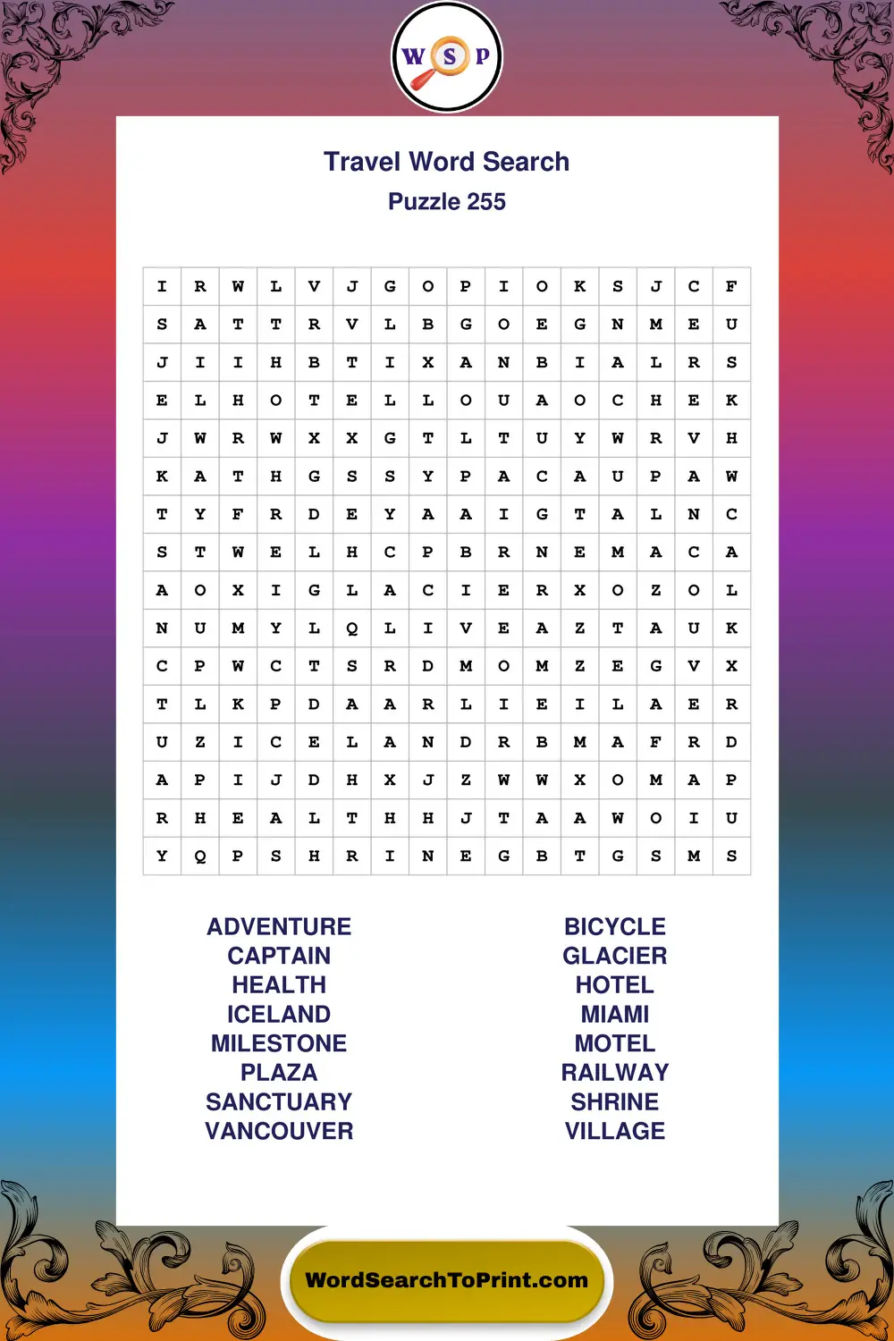 Travel Word Search Puzzle 255