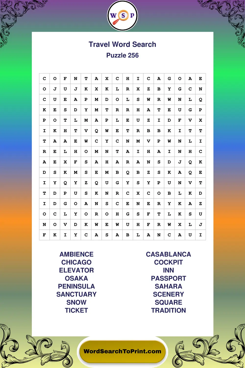 Travel Word Search Puzzle 256