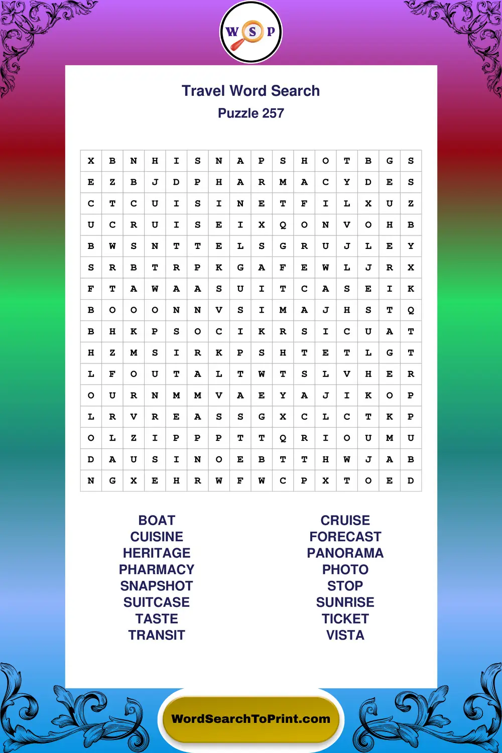 Travel Word Search Puzzle 257