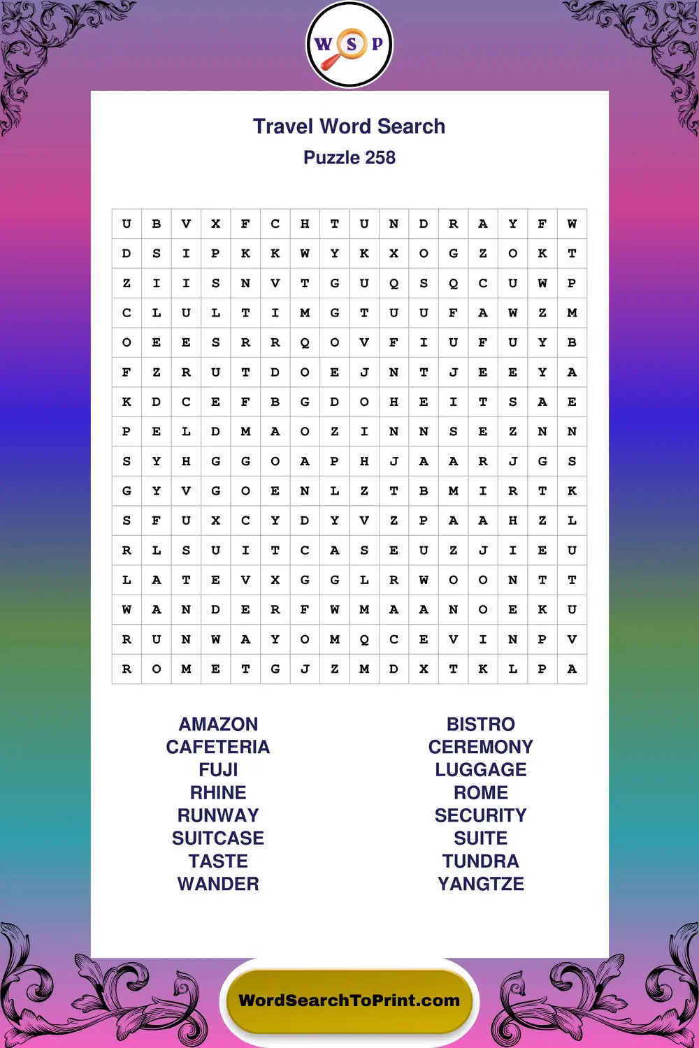 Travel Word Search Puzzle 258