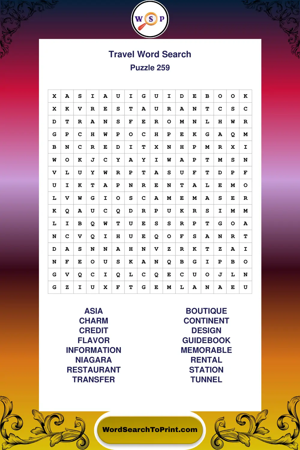 Travel Word Search Puzzle 259