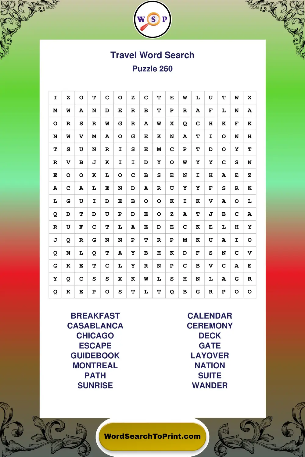 Travel Word Search Puzzle 260