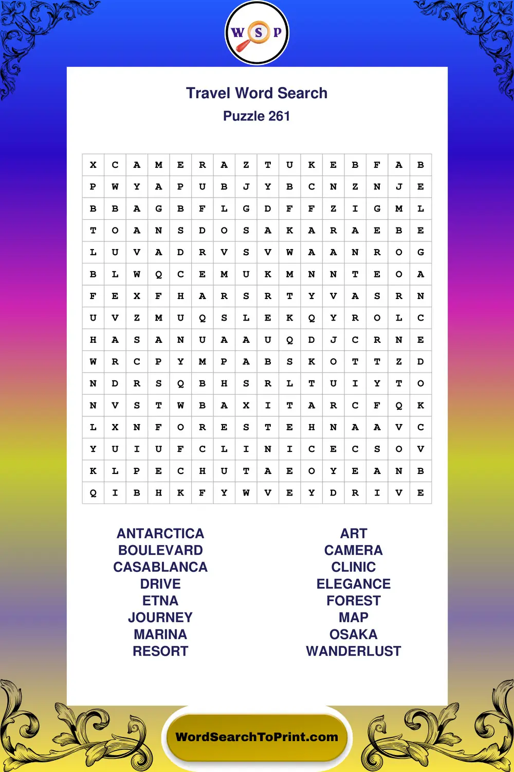Travel Word Search Puzzle 261