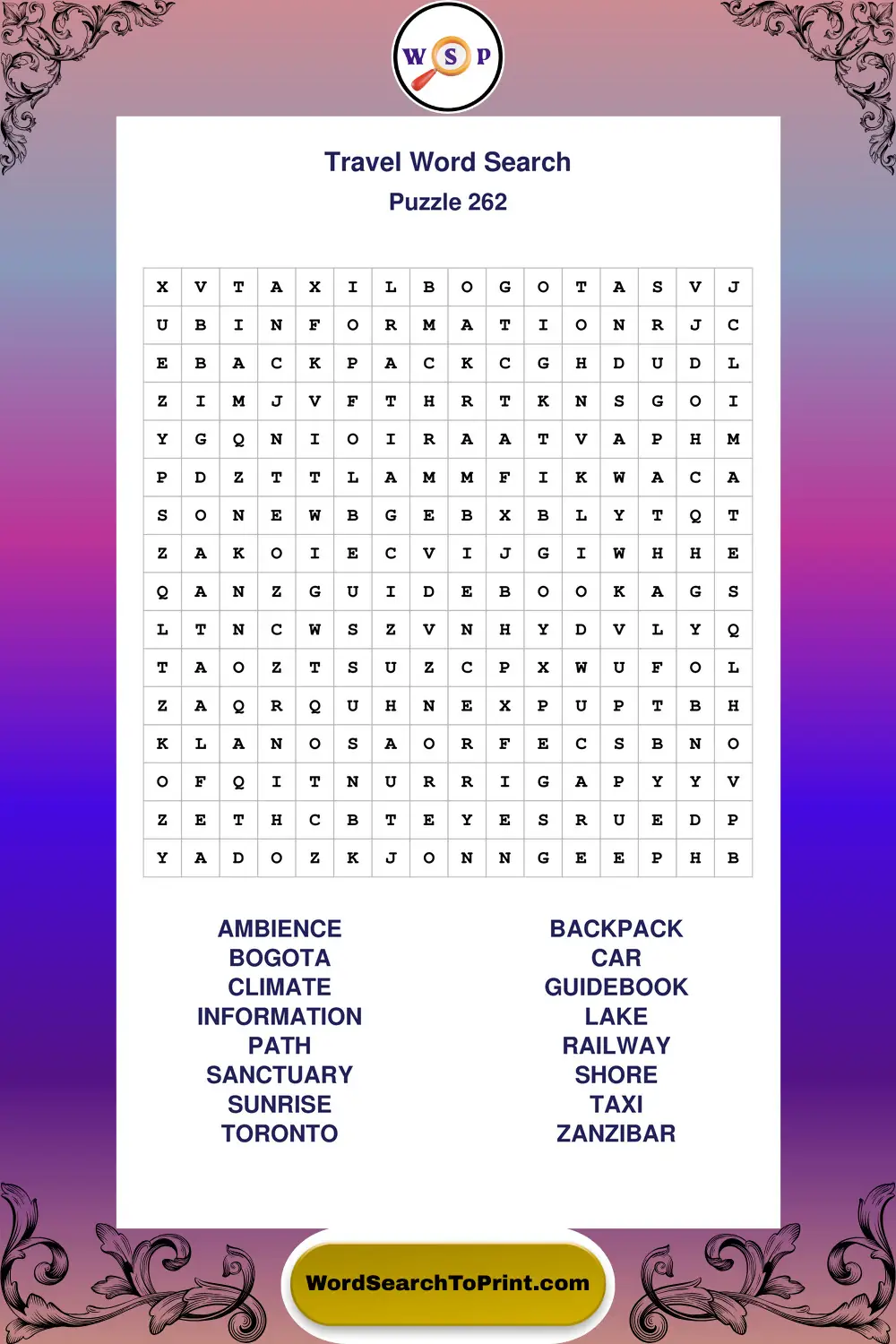 Travel Word Search Puzzle 262