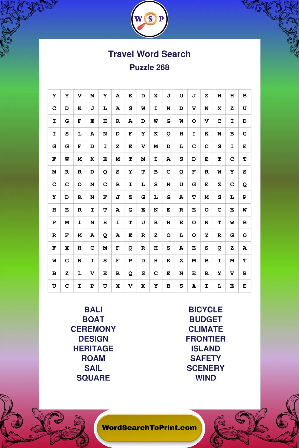Travel Word Search Puzzle 268