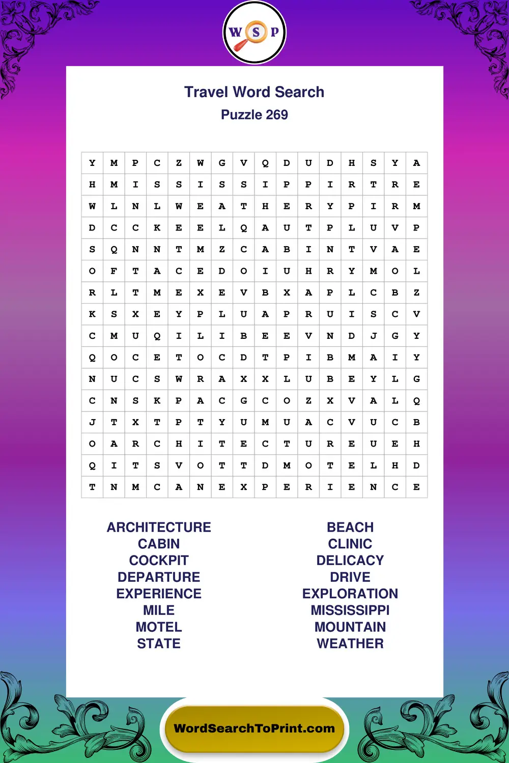 Travel Word Search Puzzle 269