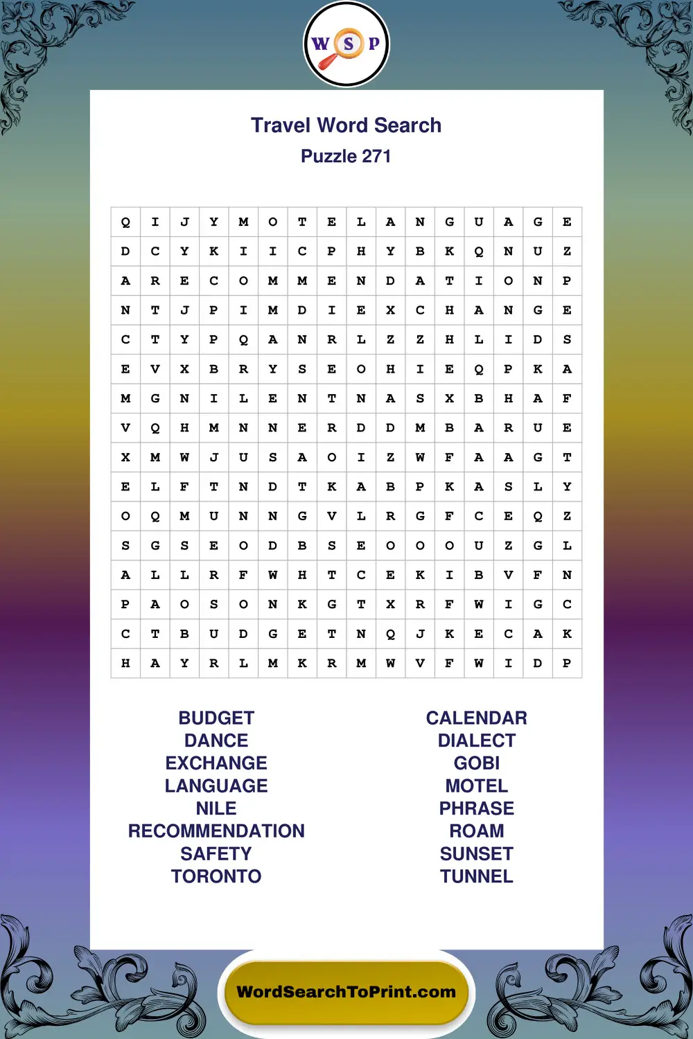 Travel Word Search Puzzle 271