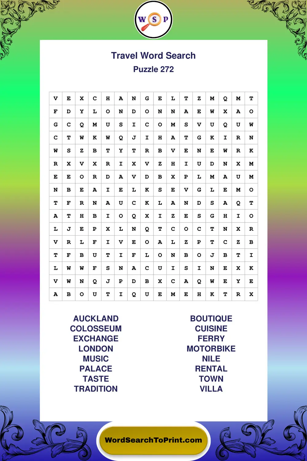 Travel Word Search Puzzle 272