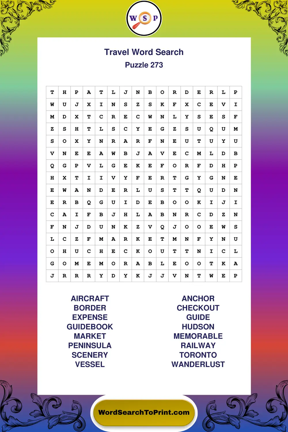 Travel Word Search Puzzle 273
