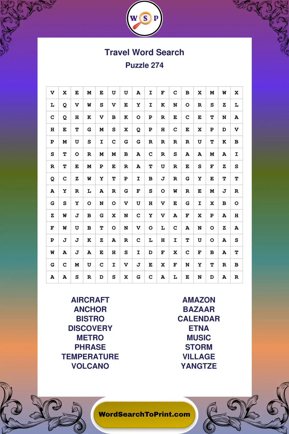Travel Word Search Puzzle 274
