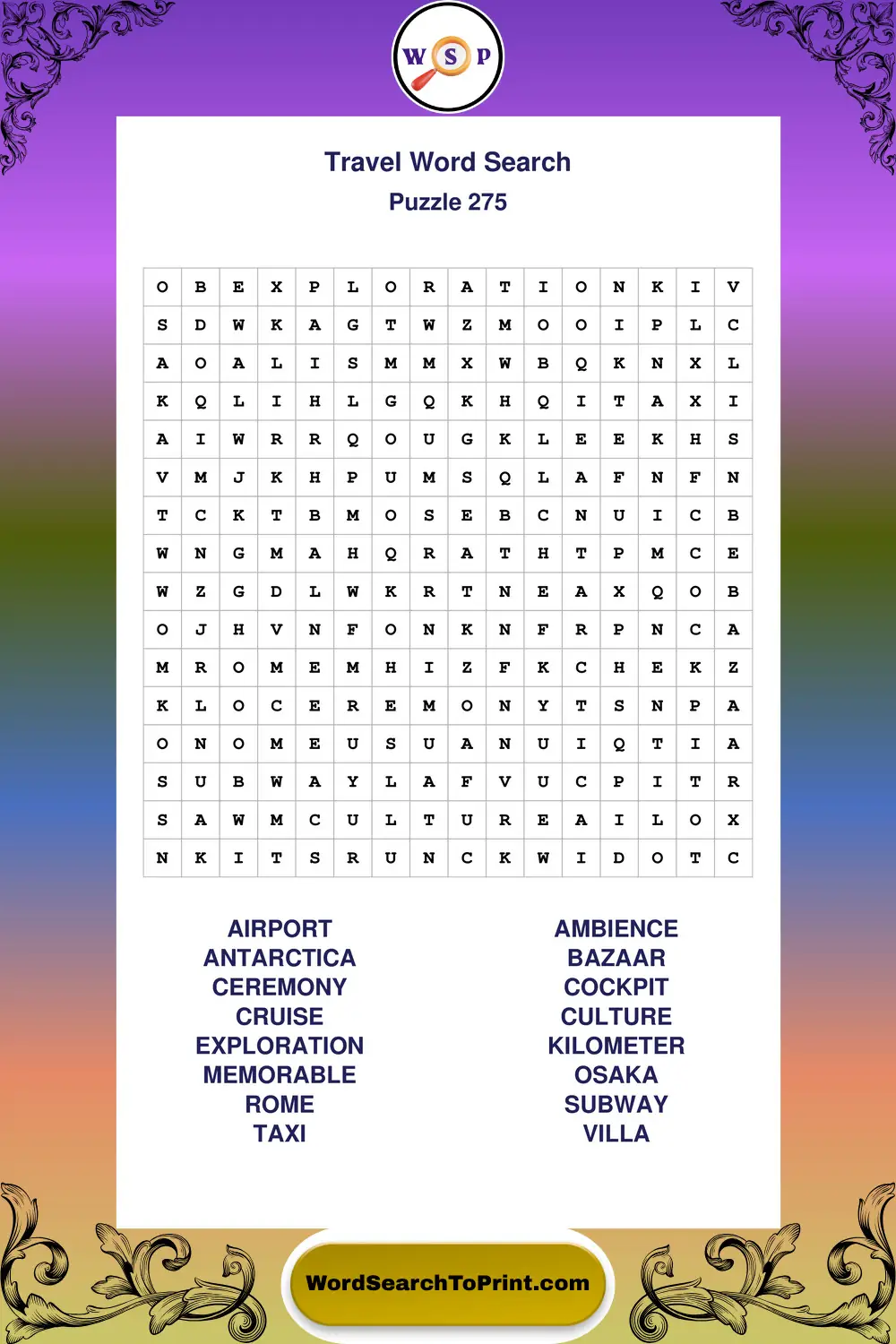 Travel Word Search Puzzle 275