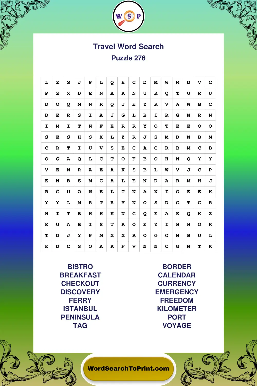Travel Word Search Puzzle 276