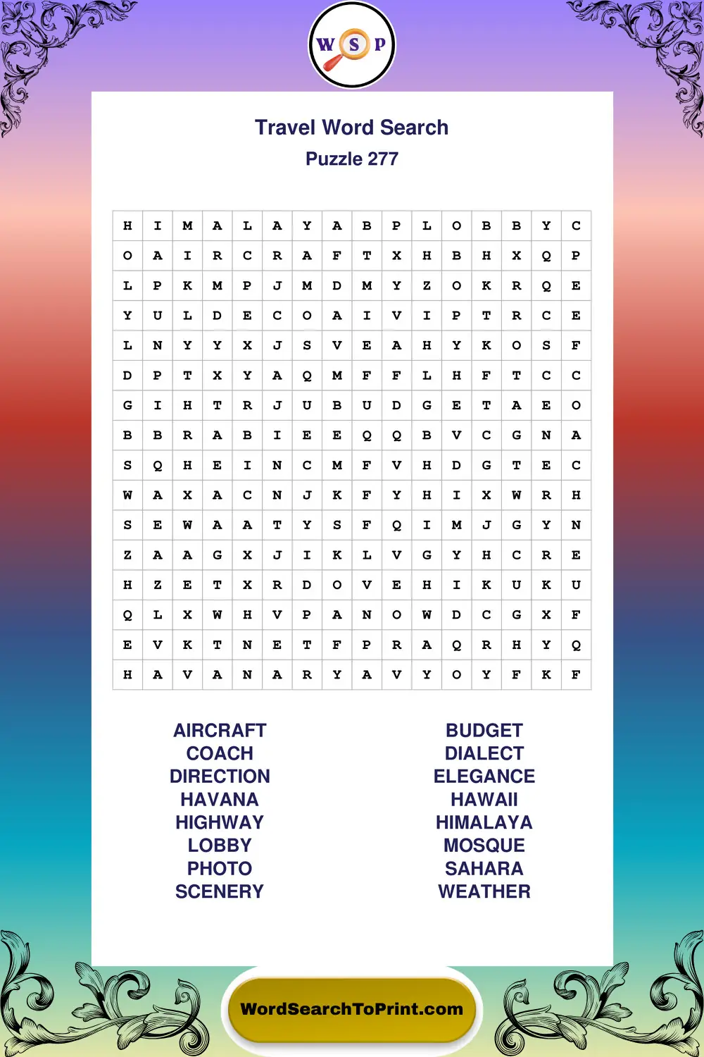 Travel Word Search Puzzle 277