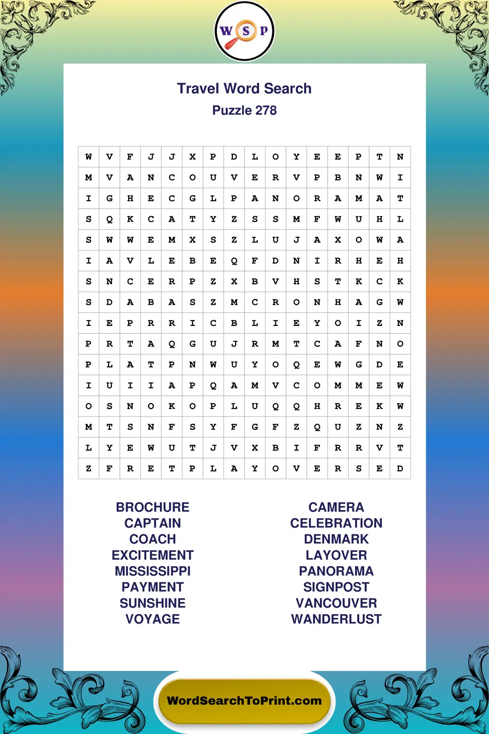 Travel Word Search Puzzle 278