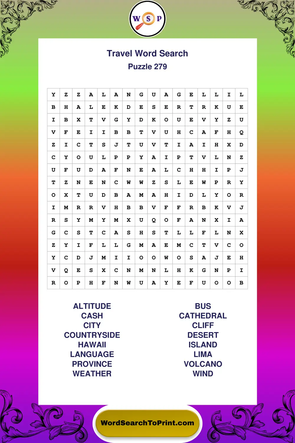 Travel Word Search Puzzle 279