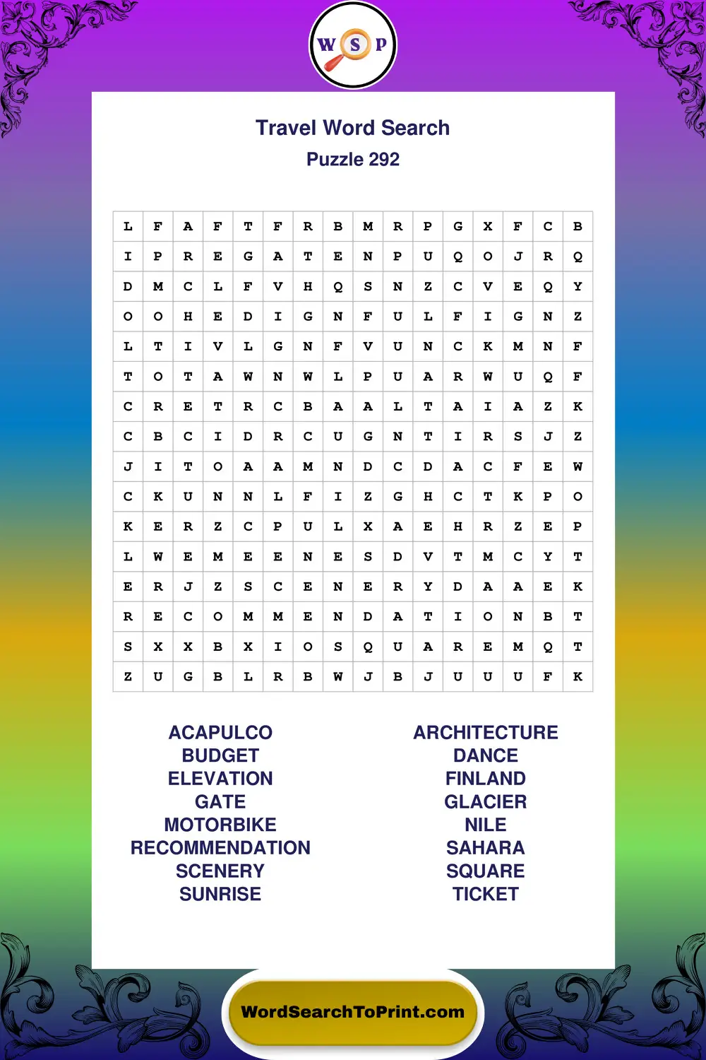 Travel Word Search Puzzle 292