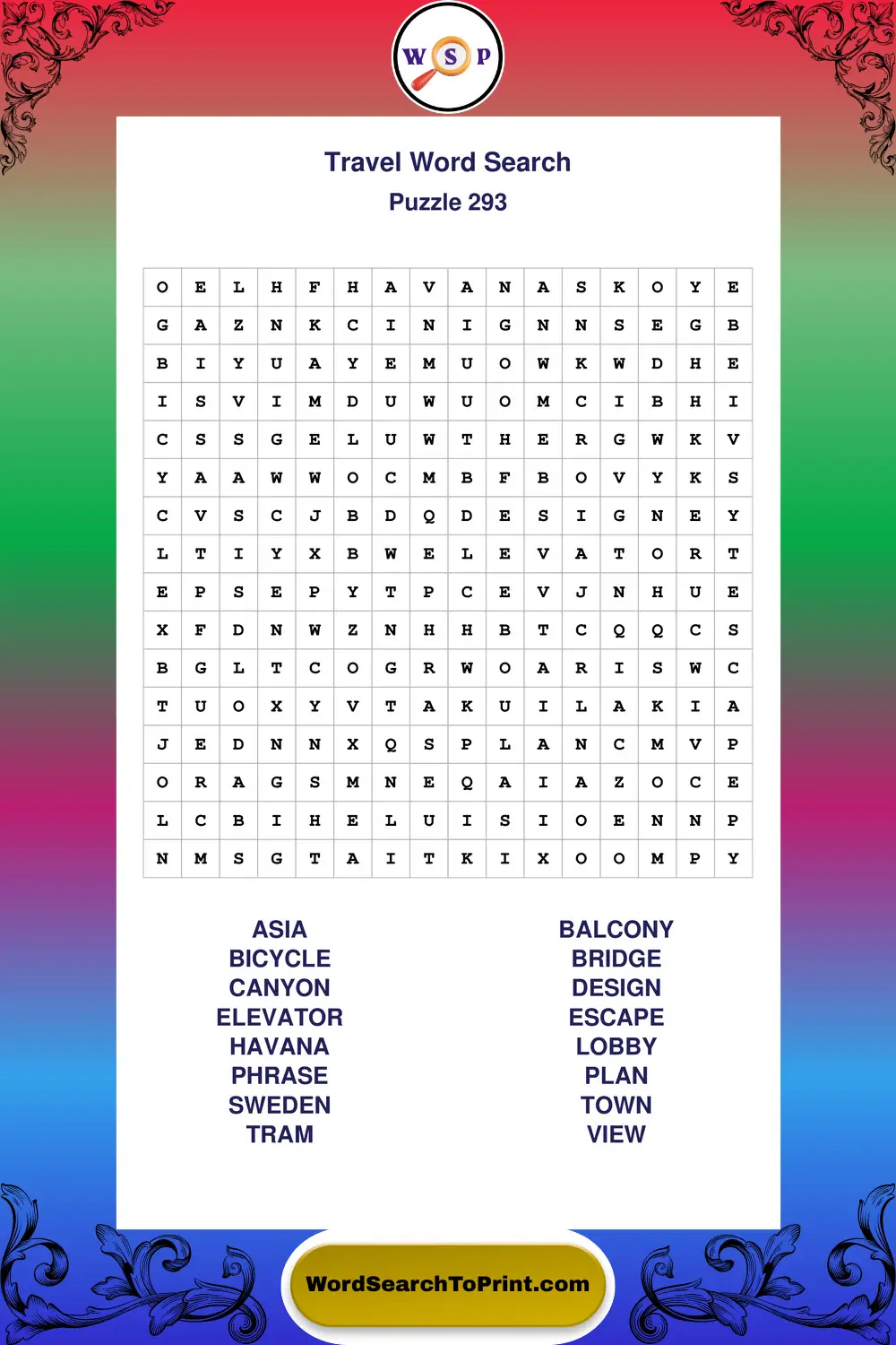 Travel Word Search Puzzle 293