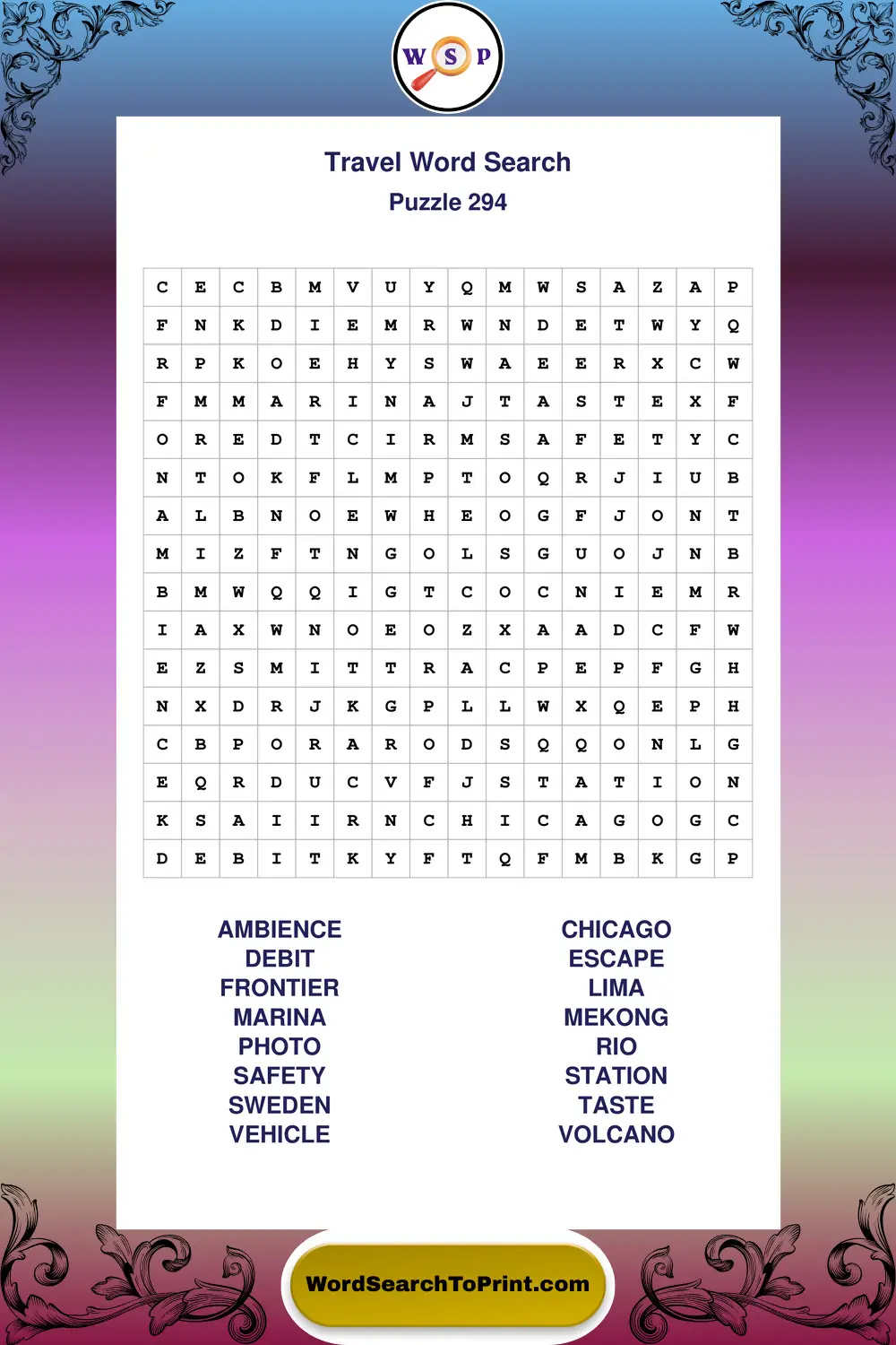 Travel Word Search Puzzle 294