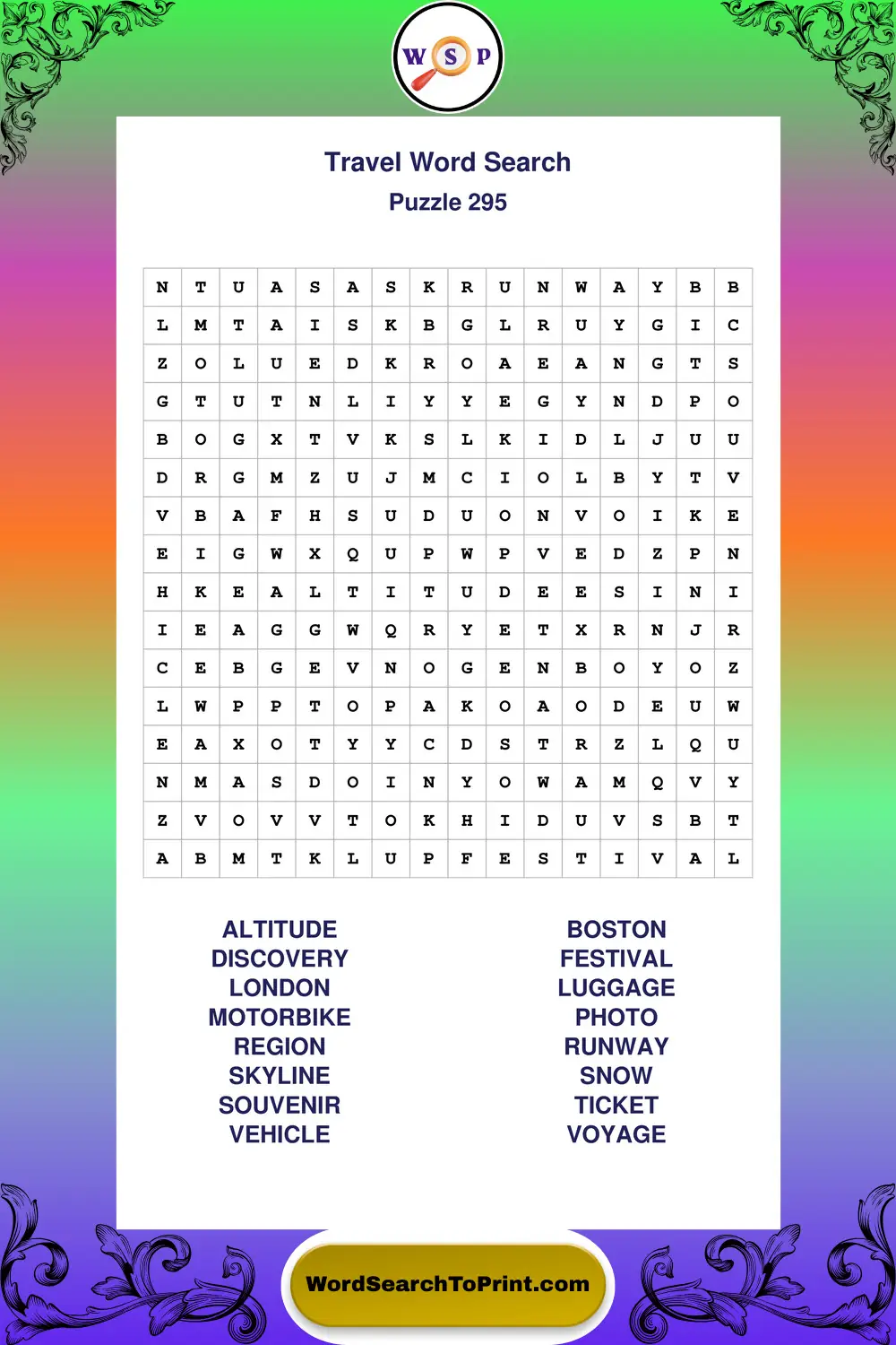 Travel Word Search Puzzle 295