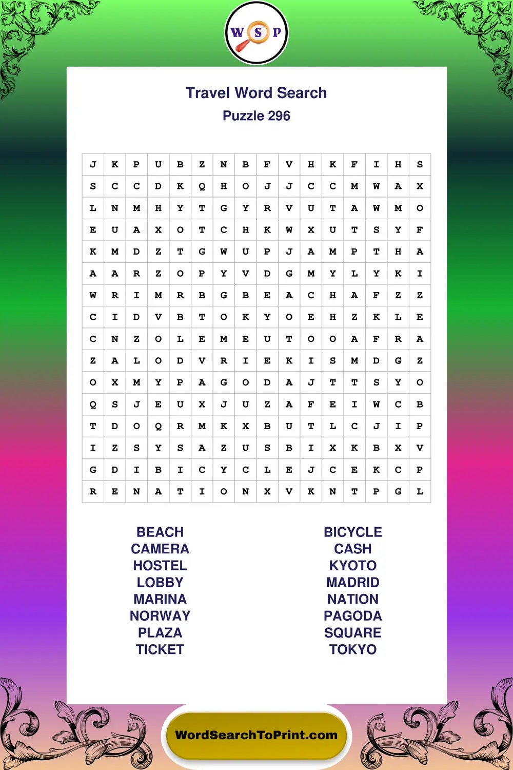 Travel Word Search Puzzle 296