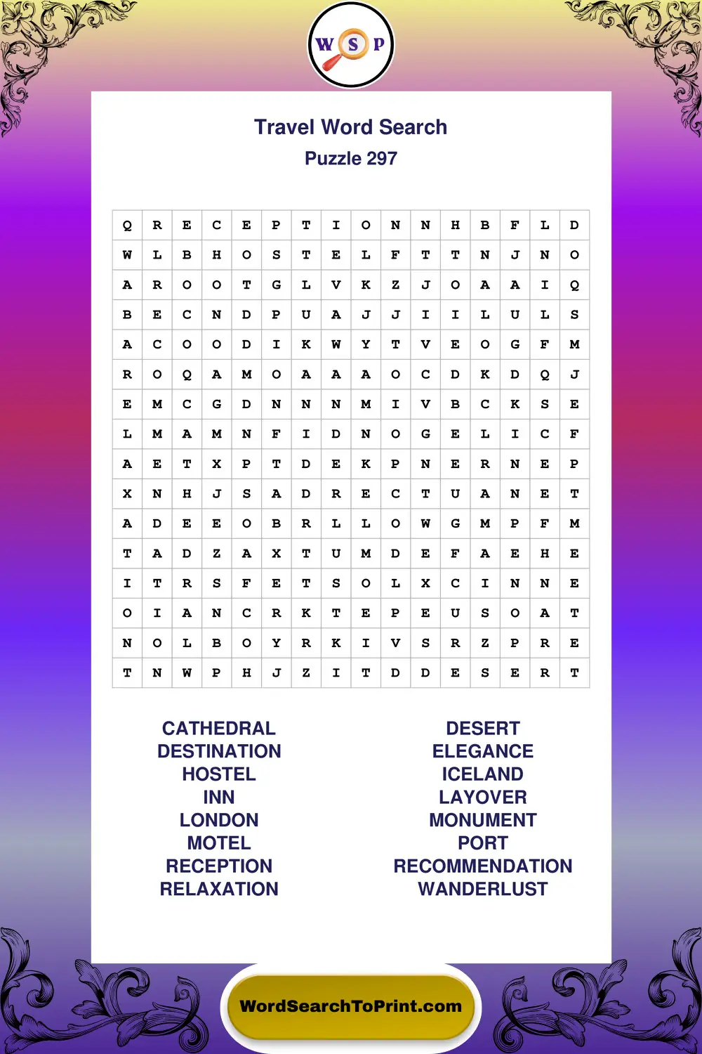 Travel Word Search Puzzle 297