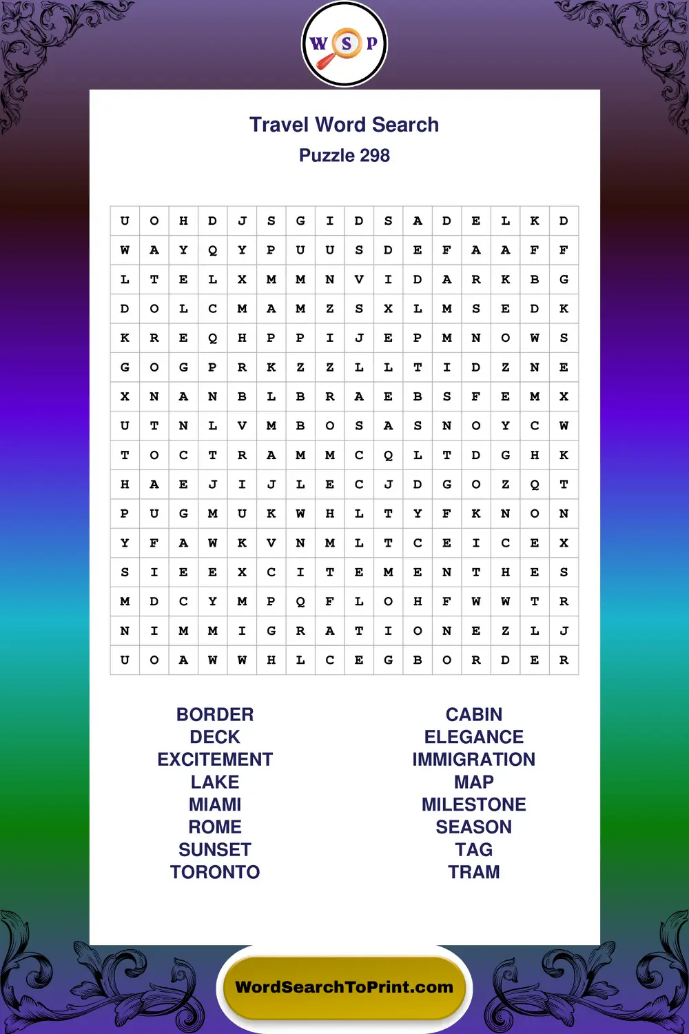 Travel Word Search Puzzle 298