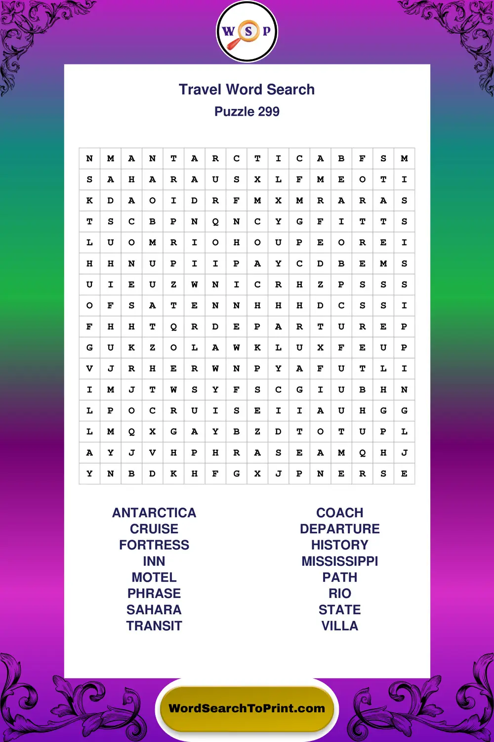 Travel Word Search Puzzle 299