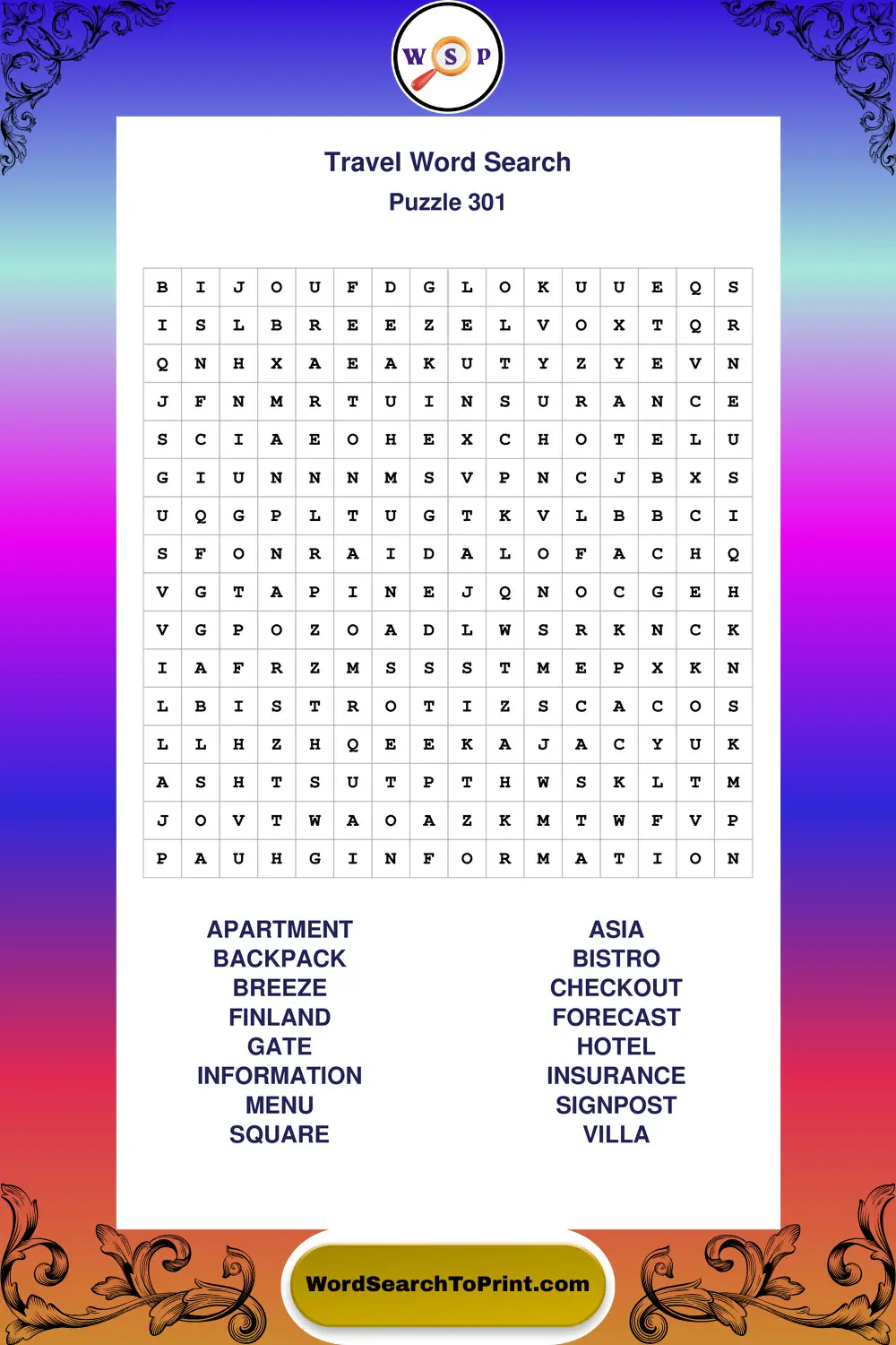 Travel Word Search Puzzle 301